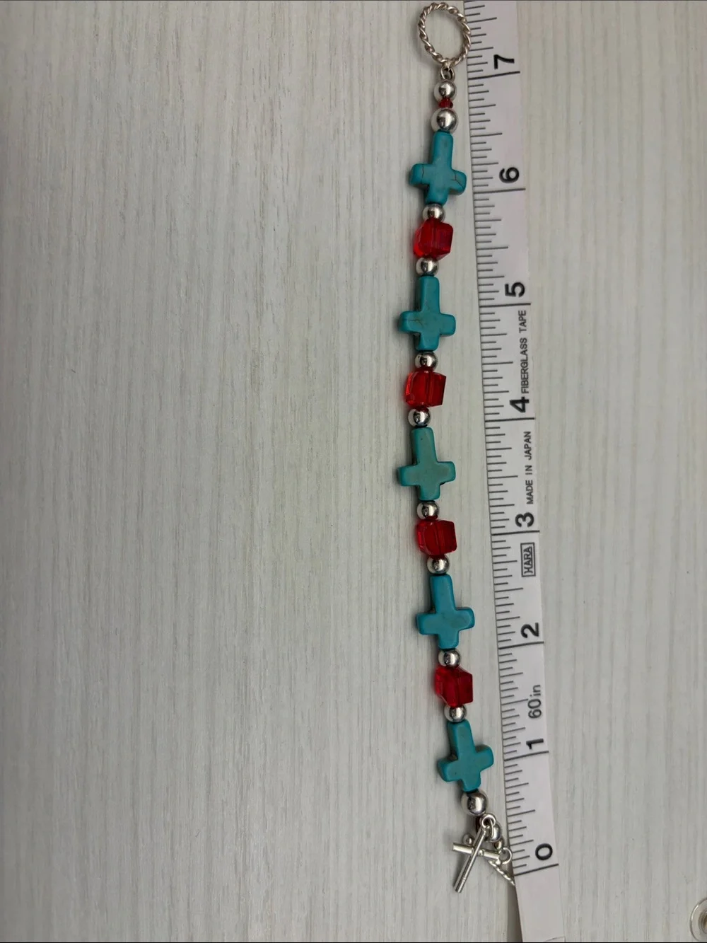 Sterling silver Turquoise Cross Bracelet with Red Crystal Accents